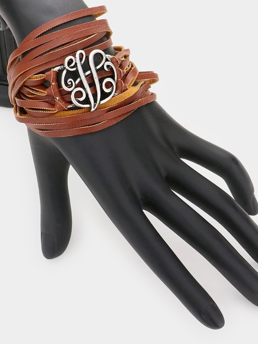 Brown Leather Monogramed Wrap Bracelet